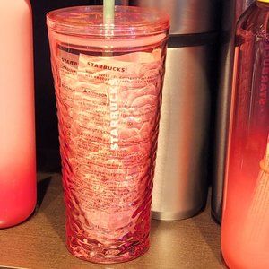 Starbucks Pink Wave Ripple Leaves Cold Cup Glass Tumbler (18 OZ) New
